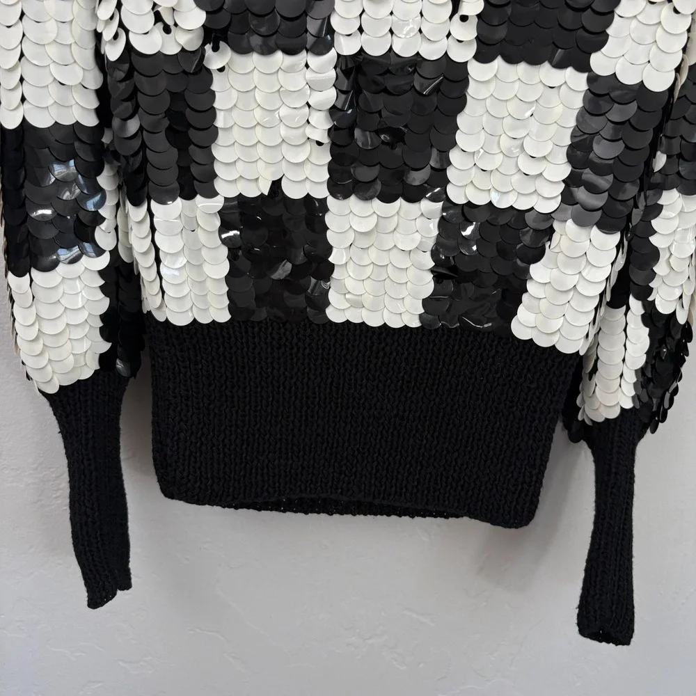 Vintage Sequin Sweater Women Size Small? Black White Checkered Hand Knit Wool - Picture 4 of 11